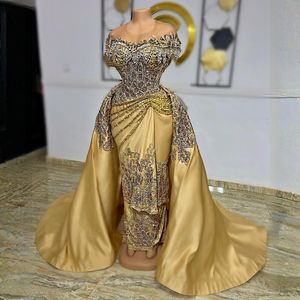 2023 Aso Ebi Arabisch Goud Zeemeermin Galajurk Luxe Kralenavond Formeel Feest Tweede Receptie Verjaardag Verlovingsjurken Jurken Robe De Soiree ST383