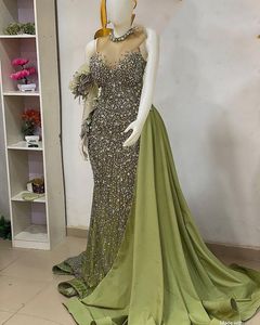 2023 Aso Ebi arabe vert sirène robe de bal perles cristaux soirée formelle fête deuxième réception anniversaire robes de fiançailles robes robe de soirée ZJ378