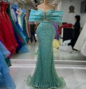 2023 Aso Ebi Arabe Hunter Bleu Sirène Robe De Bal Cristaux Paillettes Dentelle Soirée Formelle Deuxième Réception Anniversaire Robes De Fiançailles Robes Robe De Soirée ZJ7