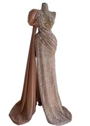 2023 Aso Ebi sirena árabe vestido de fiesta dorado cristales encaje noche sexy fiesta formal segunda recepción cumpleaños vestidos de compromiso vestidos Robe De Soiree ZJ379
