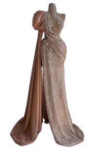 2023 Aso Ebi Arabo Sirena Oro Prom Dress Cristalli Pizzo Sera sexy Festa formale Secondo ricevimento Compleanno Abiti di fidanzamento Abiti Robe De Soiree ZJ379