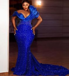 2023 Aso Ebi Arabisch Mermaid Royal Blue Prom jurk kralen sexy avond formeel feest tweede receptie verjaardag verlovingsjurken jurken jurken robe de soiree zj381