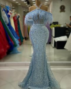 2023 Aso Ebi arabe sirène ciel bleu robe de bal perles cristaux sexy soirée formelle fête deuxième réception anniversaire robes de fiançailles robes robe de soirée ZJ734