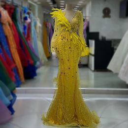2023 Aso Ebi árabe sirena vestido de fiesta amarillo perlas cristales sexy noche fiesta formal segunda recepción cumpleaños vestidos de compromiso vestidos Robe De Soiree ZJ240