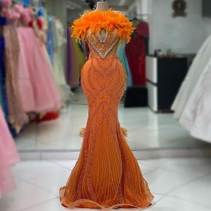 2023 Aso Ebi Arabisch Oranje Zeemeermin Galajurk Veer Kristallen Avond Formeel Feest Tweede Receptie Verjaardag Verlovingsjurken Jurken Robe De Soiree ZJ356