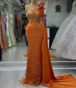 2023 ASO EBI Arabe Orange Sirène Robe de bal Crystals Perles Sexy Evenant Forme Fête Deuxième réception Robes de fiançailles d'anniversaire Robe de Soiree ZJ359