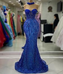 2023 Aso Ebi arabe bleu royal sirène robe de bal cristaux paillettes dentelle soirée formelle fête deuxième réception anniversaire robes de fiançailles robes robe de soirée ZJ2