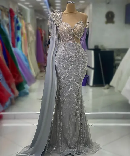 2023 Aso Ebi arabe argent sirène robe de bal cristaux perles soirée formelle fête deuxième réception anniversaire robes de fiançailles robes robe de soirée ZJ31