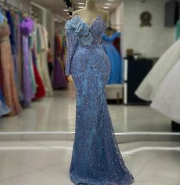 2023 Aso Ebi árabe cielo azul sirena vestido de fiesta cristales perlas noche fiesta formal segunda recepción cumpleaños vestidos de compromiso vestidos Robe De Soiree ZJ362