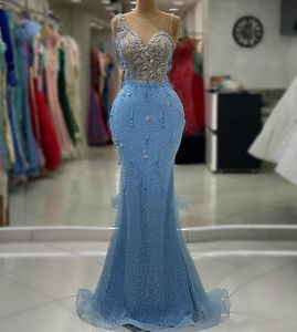 2023 Aso Ebi árabe cielo azul sirena vestido de fiesta cristales con cuentas noche sexy fiesta formal segunda recepción cumpleaños vestidos de compromiso vestidos Robe De Soiree ZJ361