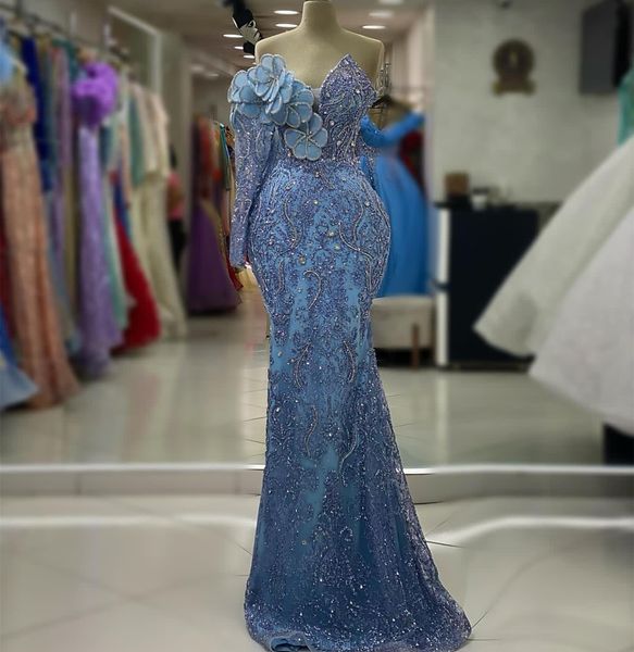 2023 Aso Ebi arabe ciel bleu sirène robe de bal cristaux perles soirée formelle fête deuxième réception anniversaire robes de fiançailles robes robe de soirée ZJ362