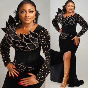 2023 ASO EBI Black Sirène Robe de bal Perles perles Sexy Evening Formal Fête Deuxième réception Robes de fiançailles d'anniversaire Robe de Soiree ZJ746