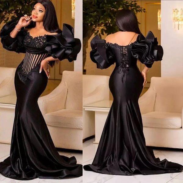 2023 Aso Ebi Noir Sirène Robes De Bal Cap Manches Élastique Satin Perlé Sirène Soirée Fête D'anniversaire Deuxième Réception Robes Robe Africaine Robe De Fiançailles ST285