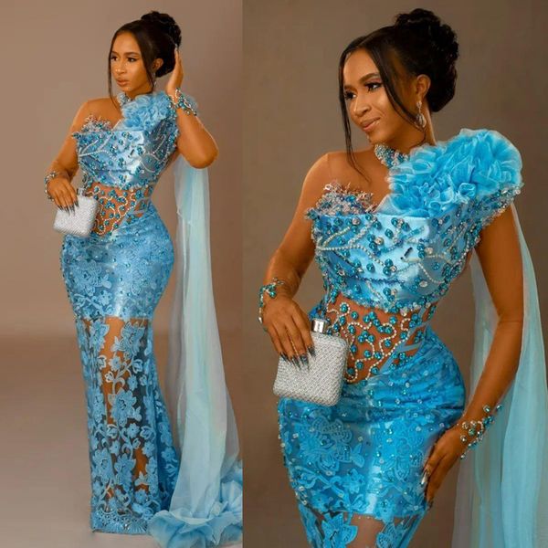 2023 Aso Ebi Sirena azul Sheer Neck Illusion Vestido de fiesta Luxious Tulle Lace Party Noche Segunda recepción Cumpleaños Compromiso Vestidos africanos Vestidos AM012