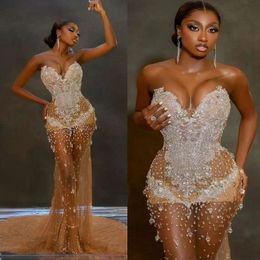 2023 Aso Ebi Champagne Robe De Bal Luxueux Sirène Strass Cristaux Robes De Soirée Deuxième Réception Robes De Fête D'anniversaire Robe Africaine Arabe Robe De ST486