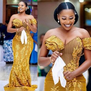 2023 Aso Ebi Gold luxueuze zeemeermin prom jurk kralen lovertjes kant feestavond tweede receptie verjaardagsbetrokkenheid nigeria stijl jurken jurken am009