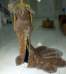 2023 ASO EBI Gold Sirène Prom Robe en dentelle de la soirée perle du soir Deuxième réception Robes de fiançailles de la demoiselle d'honneur Robe de Soiree ZJ683