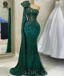 2023 Aso Ebi Hunter Green Mermaid Prom jurk kristallen avond formeel feest tweede receptie verjaardag verloving jurken jurken jurken robe de soiree zj692