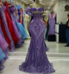 2023 Aso Ebi Lavanda Sirena Vestido de fiesta Lentejuelas Encaje Noche Fiesta formal Segunda recepción Cumpleaños Dama de honor Vestidos de compromiso Vestidos Robe De Soiree ZJ684