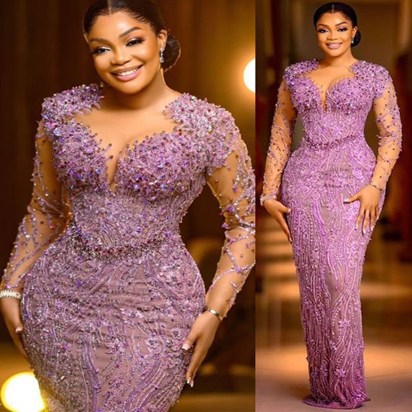 2023 Aso Ebi Lilas Gaine Robe De Bal Dentelle Perlée Sexy Soirée Formelle Deuxième Réception Anniversaire Robes De Fiançailles Robes Robe De Soirée ZJ740