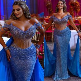 2023 Aso Ebi Sirena Azul Vestido de fiesta Cristales con cuentas Noche sexy Fiesta formal Segunda recepción Cumpleaños Vestidos de compromiso Vestidos Robe De Soiree ZJ750