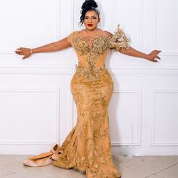 2023 Aso Ebi Sirène Or Robe De Bal Perlé Paillettes Dentelle Soirée Formelle Partie Deuxième Réception Anniversaire Robes De Fiançailles Robes Robe De Soirée ZJ729