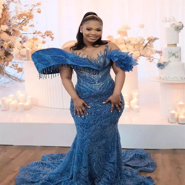 2023 Aso Ebi Bleu Marine Robe De Bal Sirène Paillettes Dentelle Glands Soirée Formelle Deuxième Réception Anniversaire Fiançailles Robes De Demoiselle D'honneur Robes ZJ017