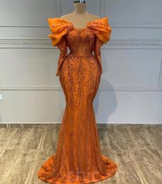 2023 Aso Ebi Orange Sirène Robe De Bal Perlé Paillettes Dentelle Soirée Formelle Deuxième Réception Anniversaire Demoiselle D'honneur Robes De Fiançailles Robes Robe De Soirée ZJ423