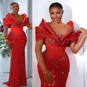 2023 Aso ebi prom -jurken mousserende rode kant zeemeermin avondjurken kralen verjaardagsfeestje tweede receptie jurk Afrikaanse verlovingswedstrijd zwarte vrouwen jurken st444