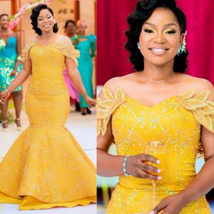 2023 Aso Ebi Promdress Jaune Sirène Hors Épaule Dentelle Applique Robe De Soirée Perlée Robes De Gala Deuxième Réception Robes De Bal Fête D'anniversaire Robe Africaine AM100