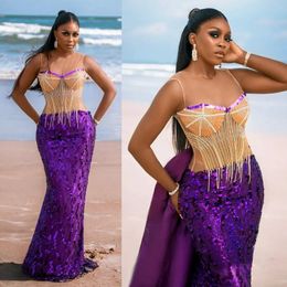 2023 ASO EBI Purple Gold Mermaid Sheer Neck perle Robe Prom Robe en tulle Soirée deuxième réception Anniversaire Engagement Nigeria Style Robes Robes AM011