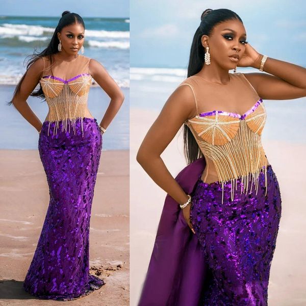 2023 ASO EBI Purple Gold Mermaid Sheer Beading Vestido de baile de graduación Tulle Tirle Second Recepción Compromiso de cumpleaños Nigeria Vestidos de vestidos de estilo Nigeria Am011