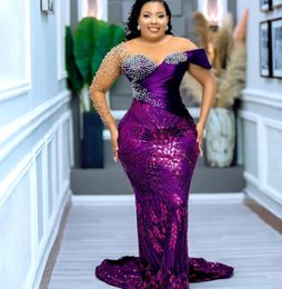 2023 Aso Ebi Purple Mermaid Prom jurk lovertjes Lant Beaded Formele feestavond tweede receptie verjaardagsbetrokkenheid bruidsmeisje jurken jurken zj044