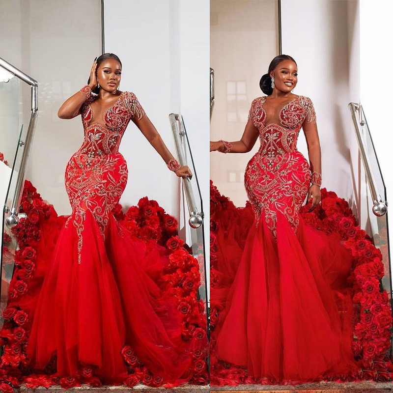 2023 Aso Ebi Red Luxurious Red Mermaid Long SleevesTulle Prom Gowns Perals Evening Birthday Party Second Reception Dresses African Dress Engagement Gown ST300
