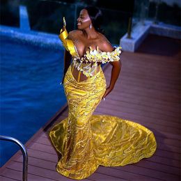 2023 Aso Ebi Jaune Sirène Robe De Bal Paillettes Dentelle Perlée Soirée Formelle Deuxième Réception Anniversaire Robes De Fiançailles Robes Robe De Soirée ZJ765