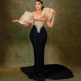 2023 Août Aso Ebi Noir Sirène Robe De Bal Cristaux Sexy Soirée Formelle Deuxième Réception Anniversaire Robes De Fiançailles Robes Robe De Soirée ZJ7116