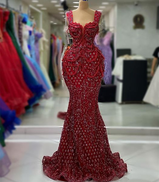 2023 Août Aso Ebi Rouge Sirène Robe De Bal Perles Cristaux Luxueux Soirée Formelle Deuxième Réception Anniversaire Robes De Fiançailles Robes Robe De Soirée ZJ724