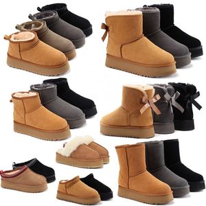 2023 Australie Australien Classique Bottes chaudes Enfants Femmes Mini Demi-neige Bouton Boot Aus U5854 Hiver Pleine fourrure Fluffy Fourrure Satin Cheville Bow Australie Booties Pantoufles