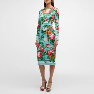 Robe mi-longue en soie élastique bleue, marque de mode européenne, imprimé floral, coupe ajustée, col rond, manches longues