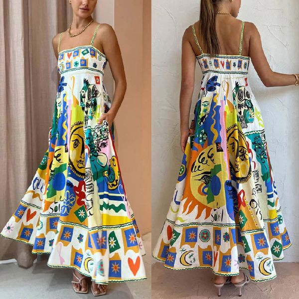 Robe longue fantaisie de styliste australien pour femmes, motif abstrait, taille froncée, sans manches, 2023