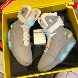 2023 Lacets automatiques Air Mag Sneakers Marty Mcfly's air mags Led Chaussures de plein air Homme Retour vers le futur Glow In The Dark Grey Mcflys Mags With