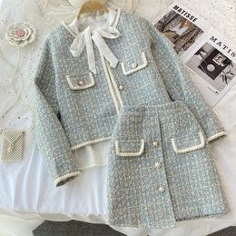 2023 Autumn 2 stuks Set Elegant Fashion Vintage Plaid Tweed Jackets Long Sleeve Jacks Coat onregelmatige Aline Mini Skirts Femame Suit 240426