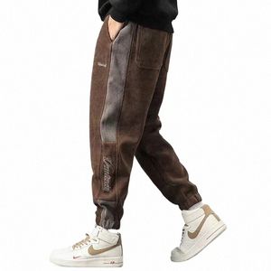 2023 Herfst en Winter Fi Pluche Verdikte Corduroy Losse Fi Veelzijdige Band Paneel Ctrast Kleur Casual Heren Broek l0er #