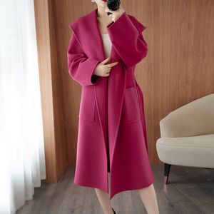 2023 herfst en winter nieuwe dubbelzijdige wollen jas dames Koreaanse versie losse dunne effen kleur wollen jas met capuchon
