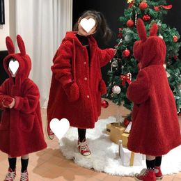 2023 Autumn and winter red long coat New Year's greeting clothes outwear coat girls lush lamb wool jacket