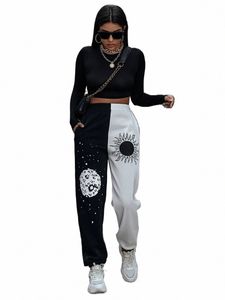 2023 Automne et hiver Vêtements pour femmes Pantalons Harajuku Taille élastique Poche latérale Sun Mo Graphic Print Colorblock Punk Pantalon F0o1 #