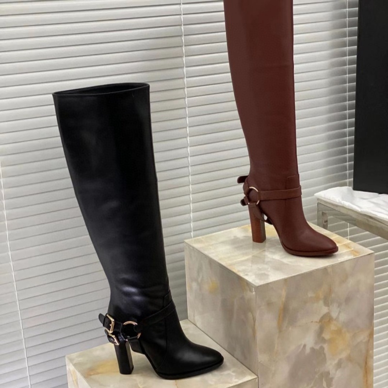 2023 outono e inverno botas femininas de médio a alto grau elegantes, elegantes, finas, saltos grossos, botas de couro de alta qualidade, sola de couro