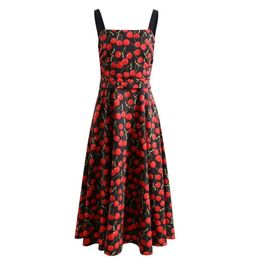 2023 Otoño Negro Floral Vestido estampado de cerezas Sin mangas Cuello cuadrado Paneles Midi Vestidos casuales S3G040804 Tallas grandes XXL