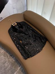 2023 automne noir brillant paillettes lambrissés Blazers à manches longues revers cranté vêtements d'extérieur à double boutonnage manteaux D3L01 grande taille 3XL