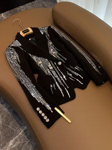 2023 automne noir couleur unie perlé Blazers à manches longues revers cranté paillettes Double boutonnage vêtements d'extérieur manteaux O3L012085
